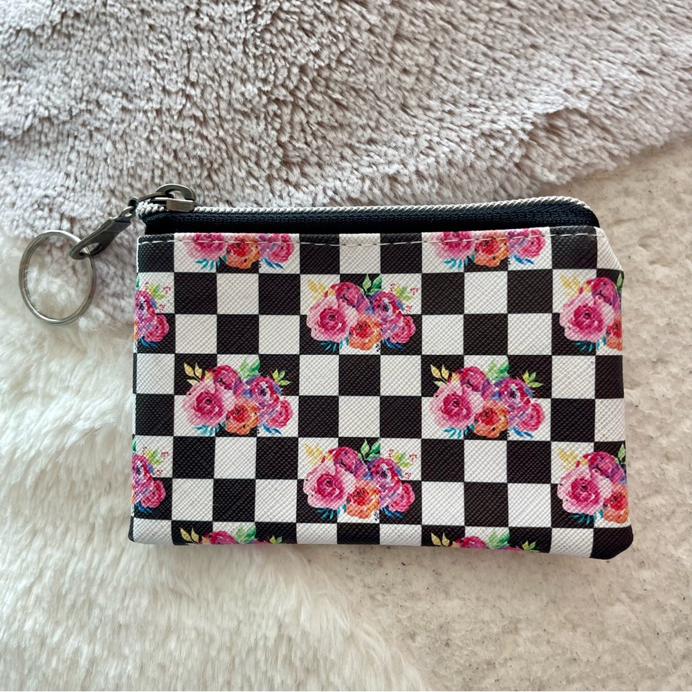 Jakari Mini Zipper Pouch/Coin Purse with Key Ring-Floral Checkers
